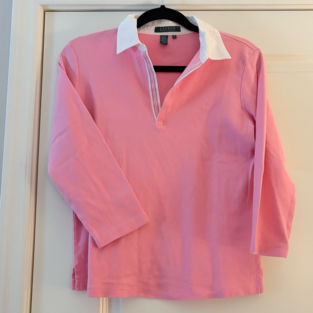 Lauren Ralph Lauren Women’s Pink and White Cotton Long Sleeve Polo Shirt - Picture 1 of 8